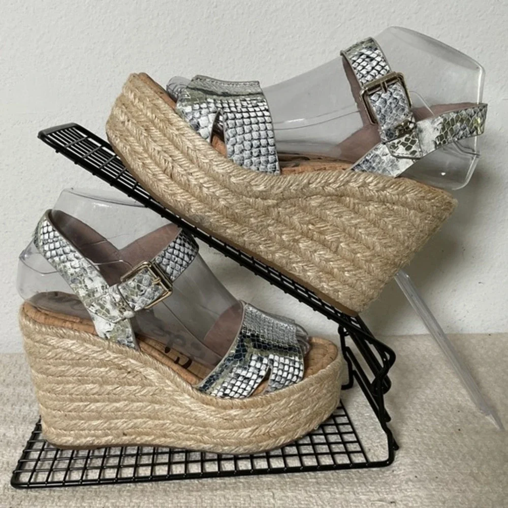 Sam‎ Edelman Maura Snakeskin Platform Wedge Espadrille Sandals White Black 6M